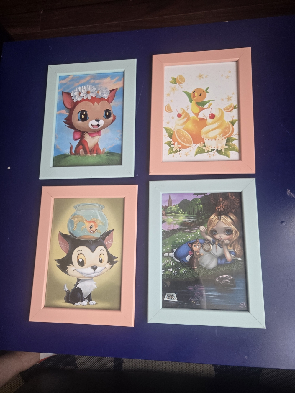Pink and Mint Framed Wall Art Set - Disney Dinna, Figaro And Cleo, Alice & Orang